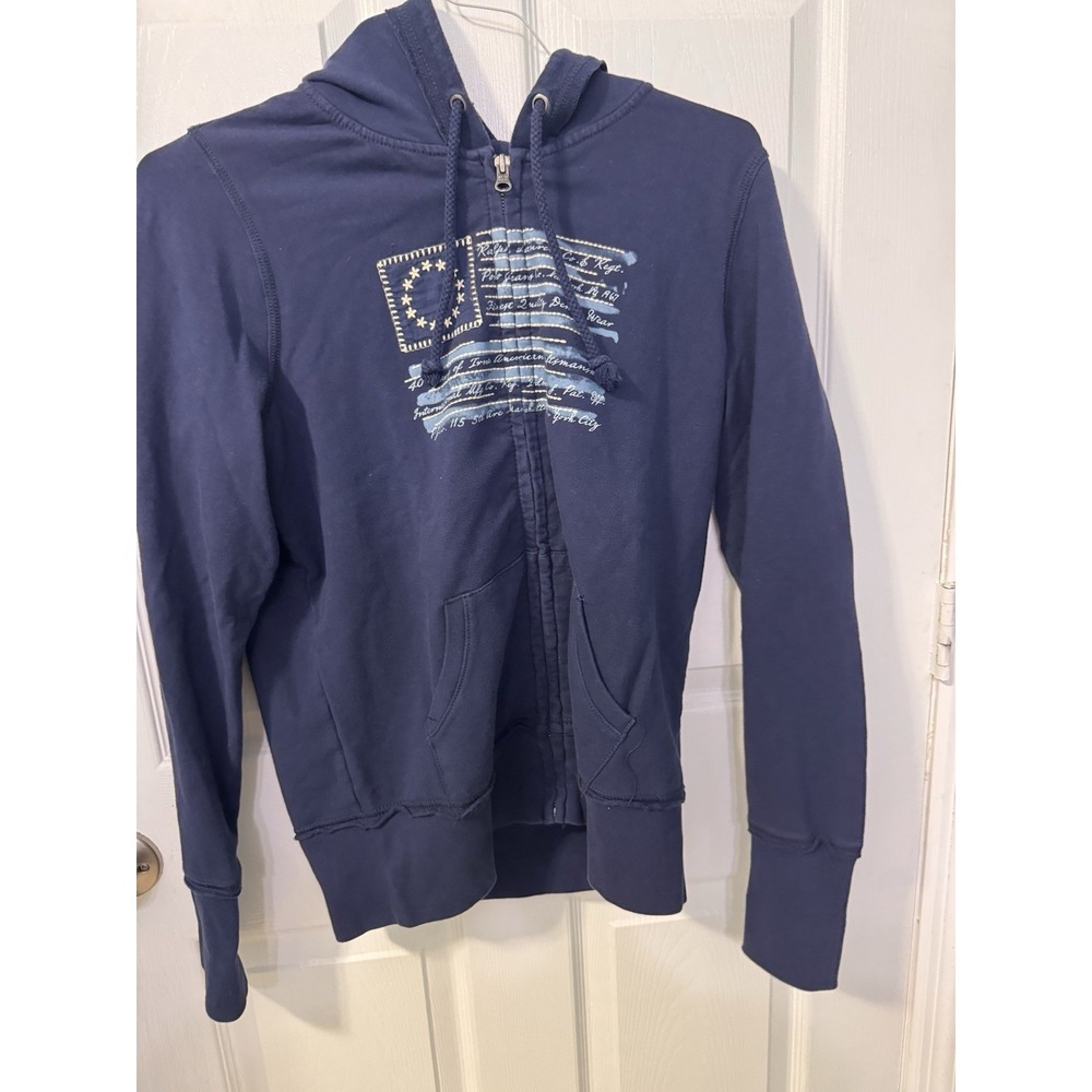 Polo Jeans Ralph Lauren Hoodie Womens L Blue USA Flag Full Zip Stretch Y2K